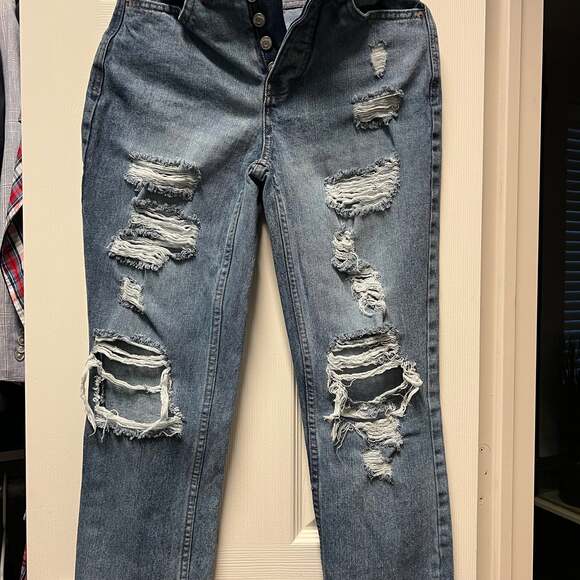 Vanilla Star 90s Boyfriend Distressed High Rise Button Fly Jeans Size 1 - Picture 2 of 4